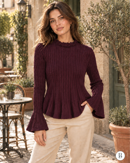 Pull Côtelé Col Volanté - Aubergine
