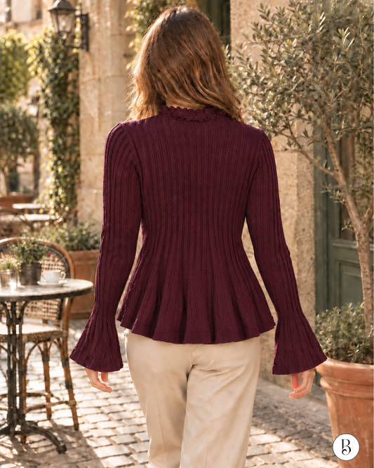 Pull Côtelé Col Volanté - Aubergine