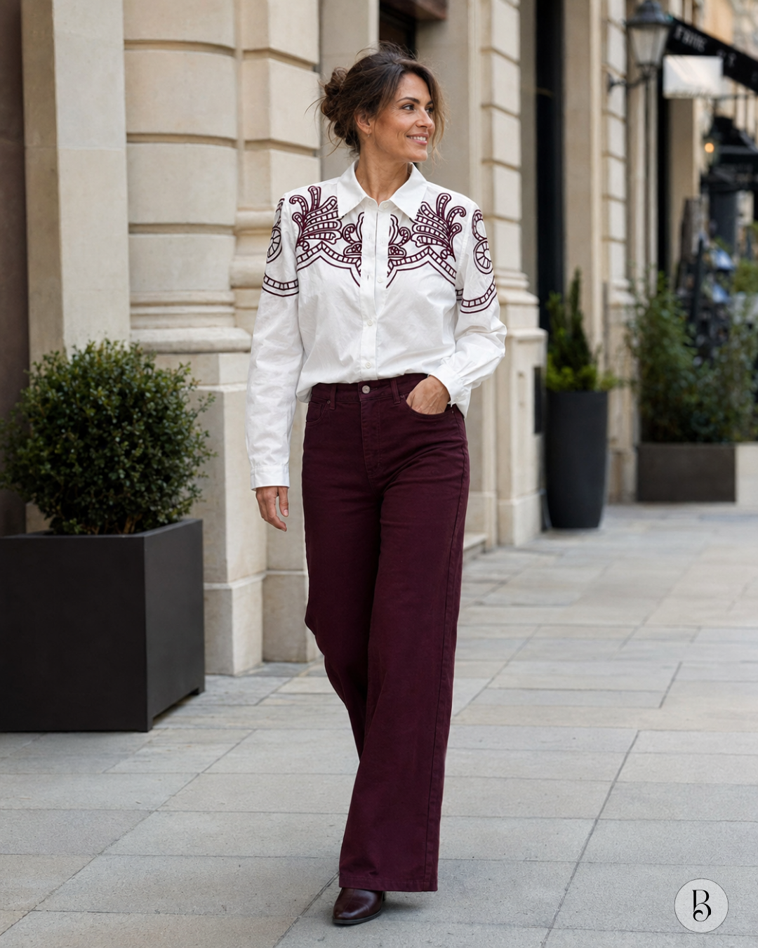 Geborduurde Blouse - Wit / Bordeaux