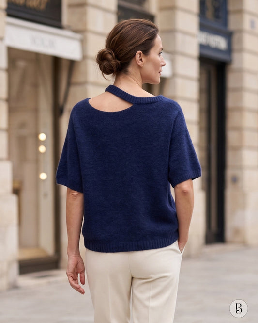 Pull Olivia - Bleu olive porté, vue de dos